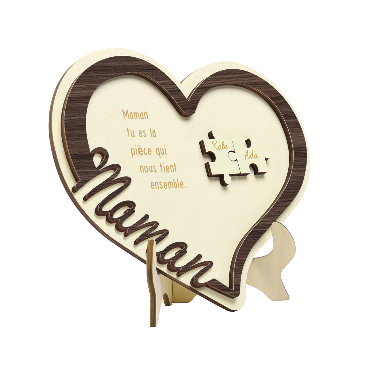À ma Maman - Décoration en bois Cœur Puzzle 2 Prénoms Personnalisés Ornement pour Famille