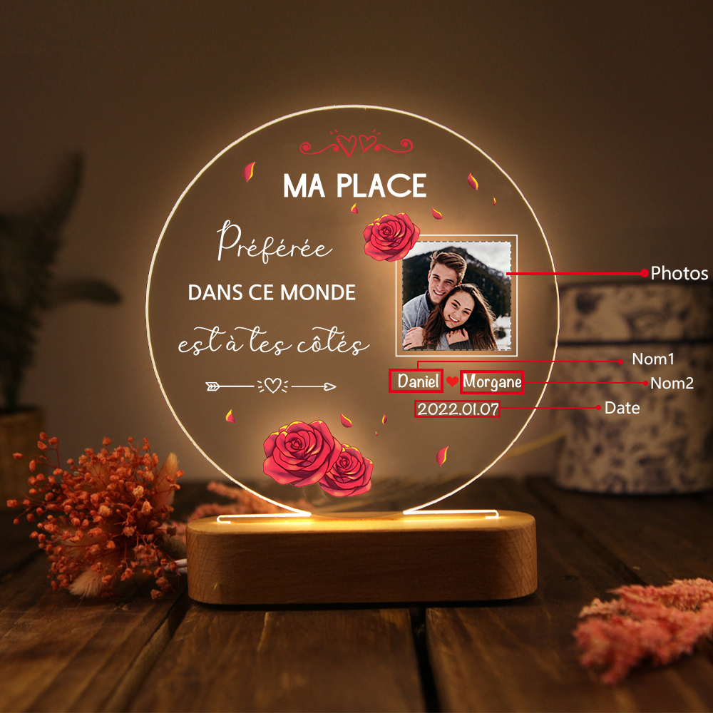 Lampe de chevet Couple LED Lumières 2 Prénoms et 1 Photo Personnalisés avec Date