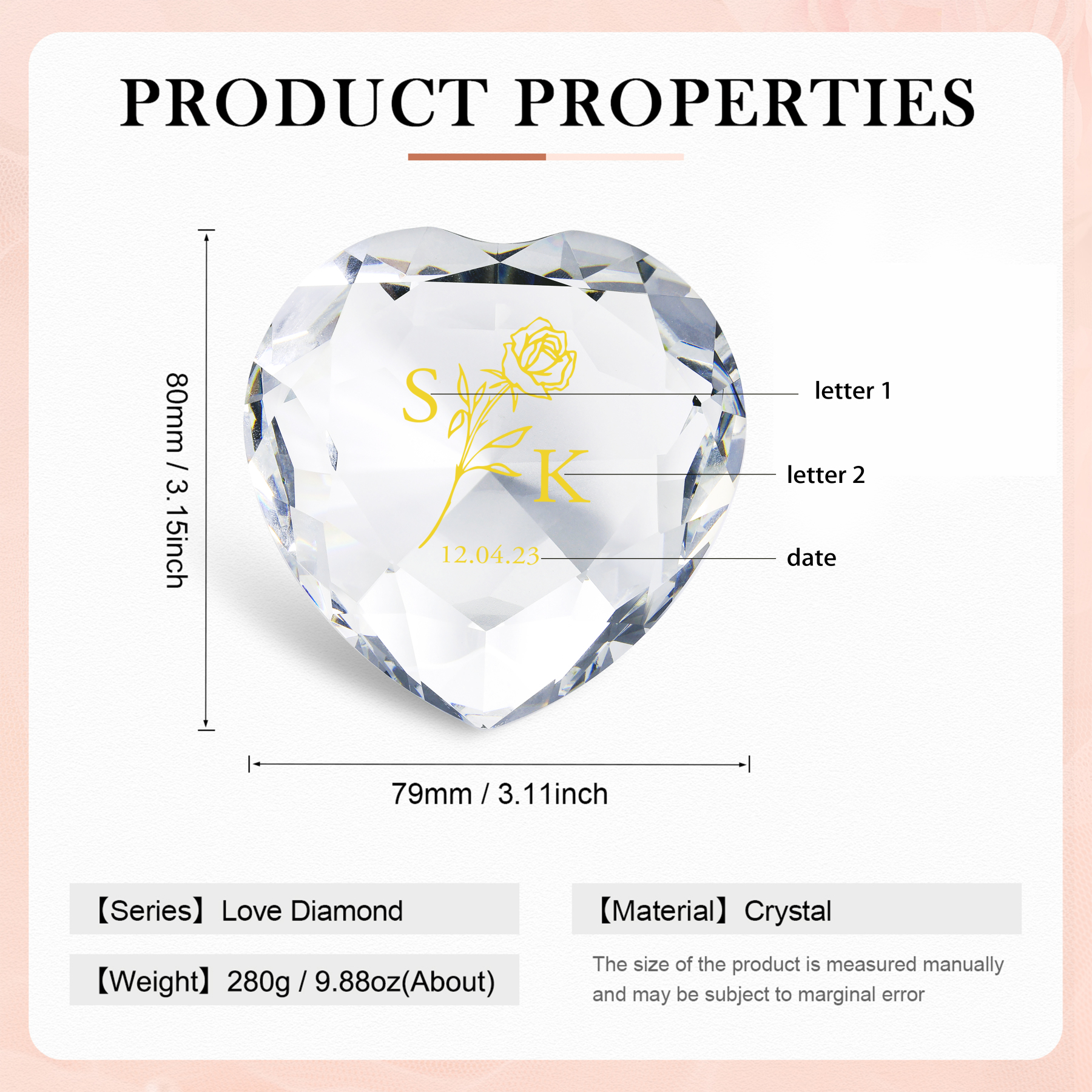 Décoration Cristal Cœur 2 Lettres Personnalisées avec Date pour Couple