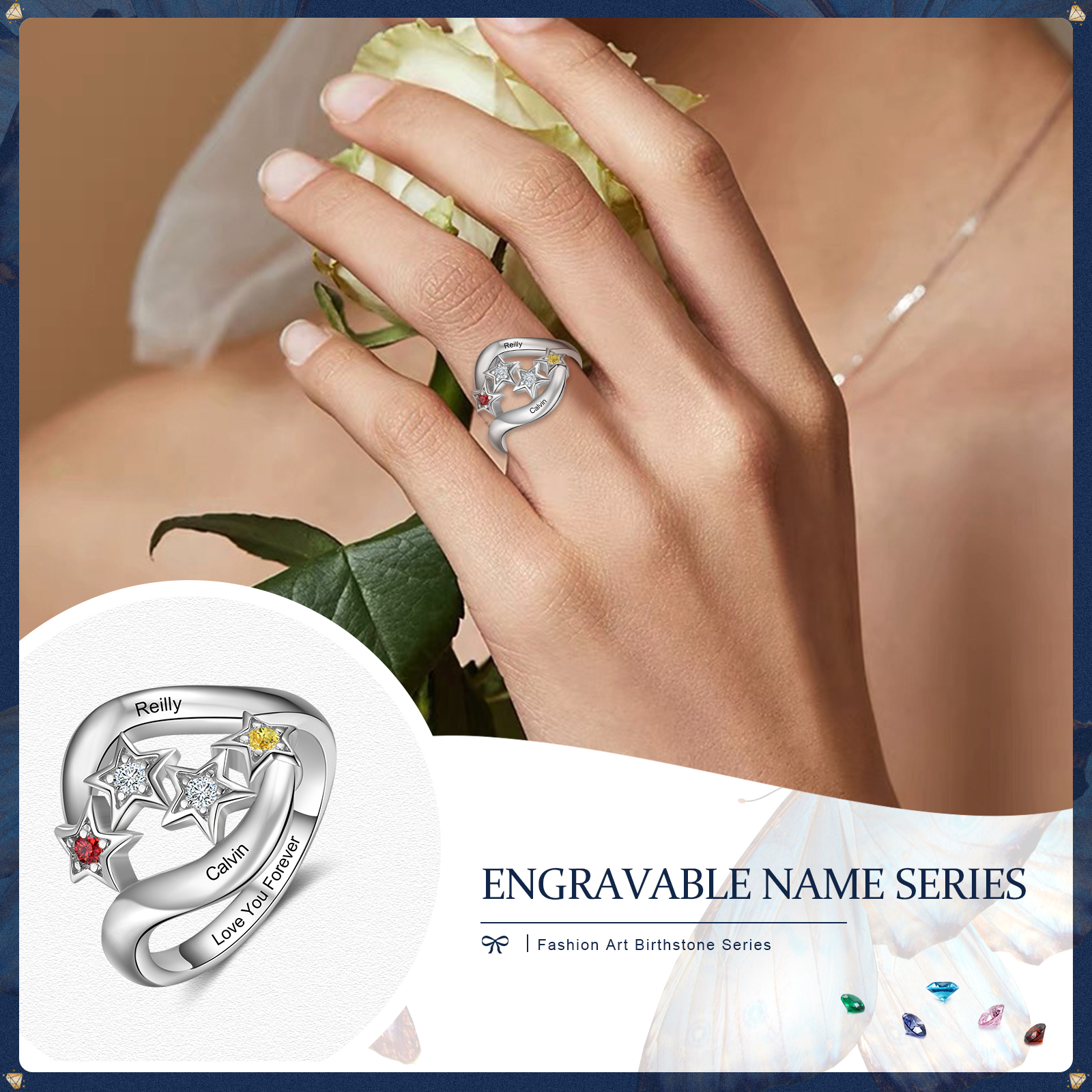 Bague étoilé 2 Prénom Personnalisé avec 2 Pierre de Naissance et texte en Argent 925