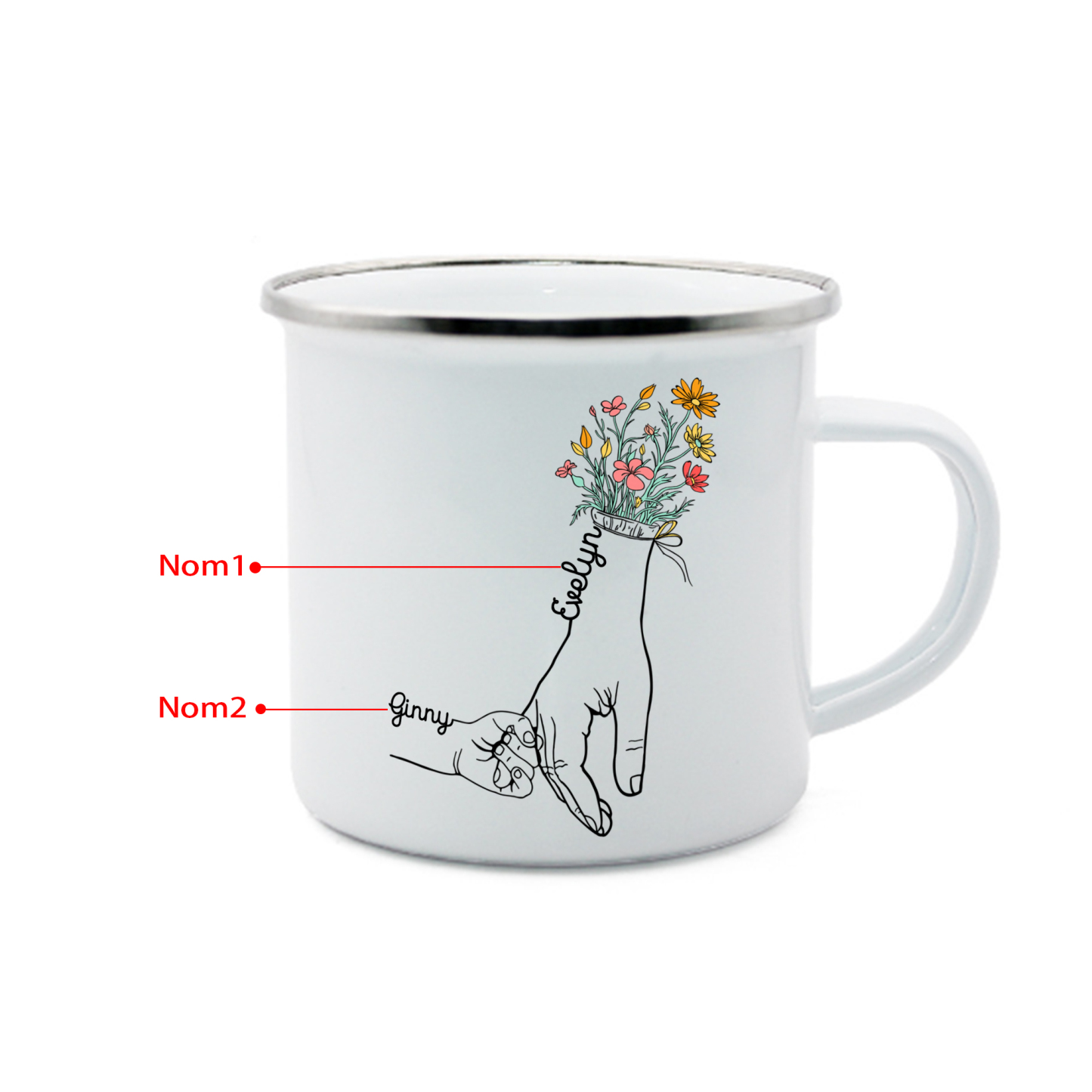 À Maman/Mamie - Tasse émaillée la Main dans la Main 2 Prénoms Personnalisés