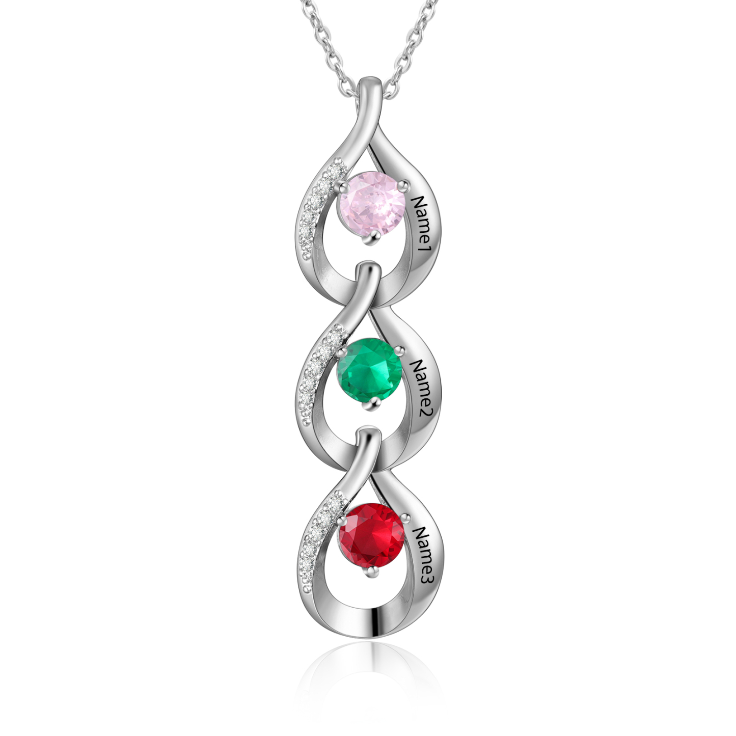 Collier Pendentif Goutte d'eau 3 Prénoms Personnalisés avec Pierres de naissance