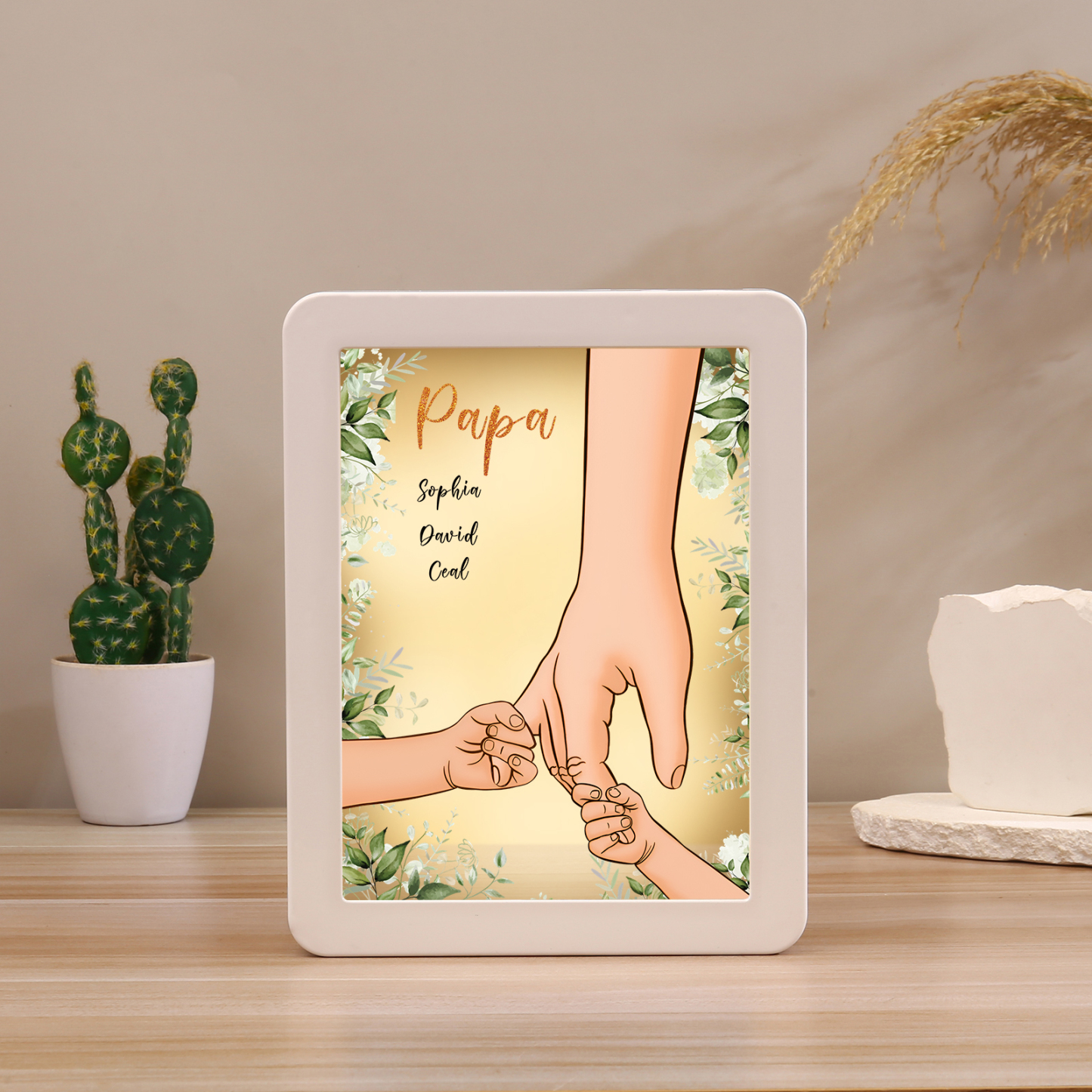 Lampe LED/Cadre Photo/Miroir multifonctionnel la main dans la main 3 Prénoms et 1 Tetxe Personnalisés Cadeau Créatif pour Famille