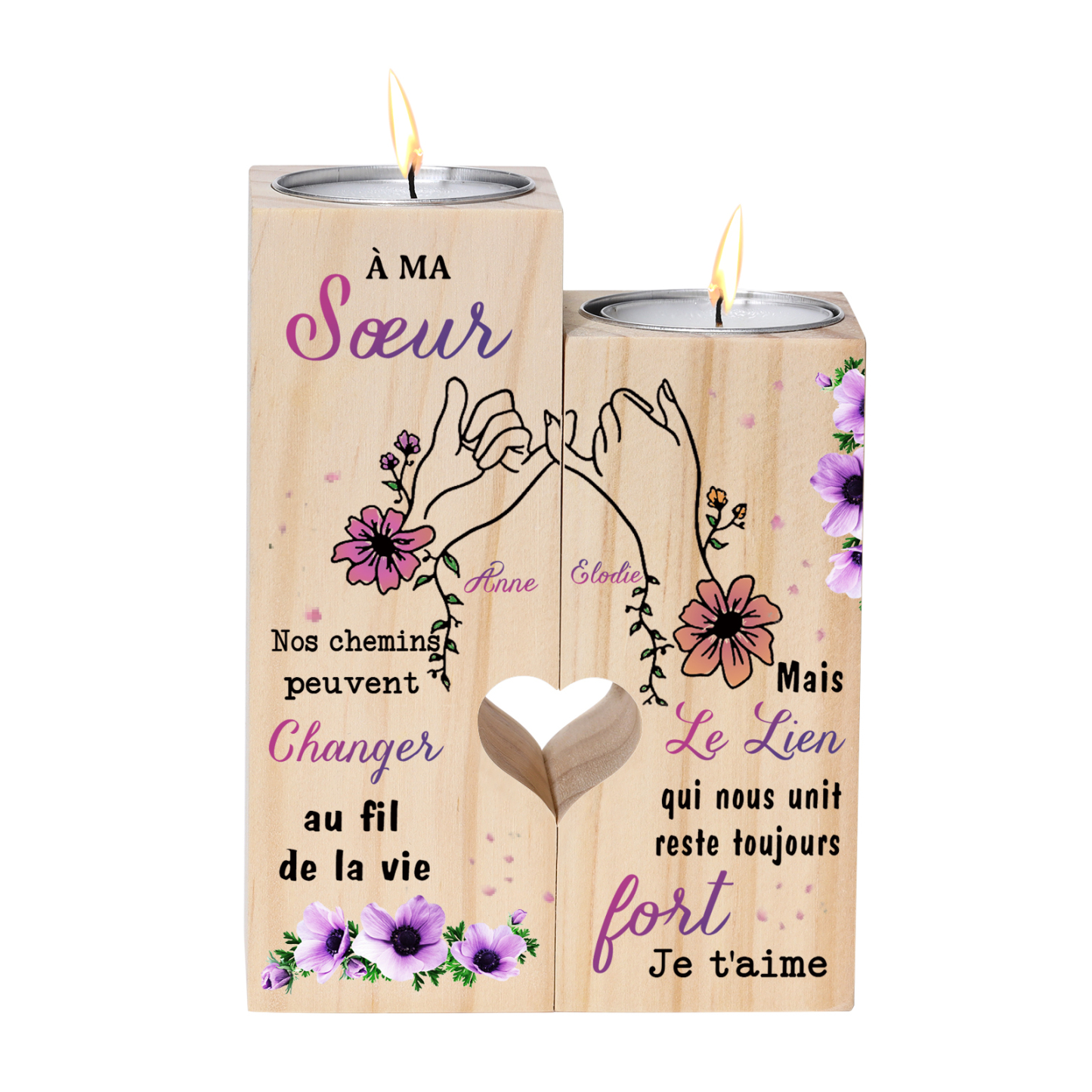 À Ma Sœur - Bougeoir en Bois 2 Prénoms Personnalisés sans bougie