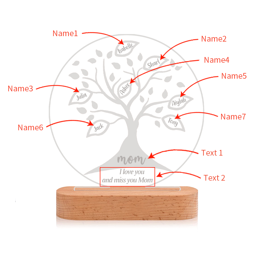 Lampe de chevet LED Arbre de vie Arbre généalogique 7 prénoms personnalisés avec 2 textes