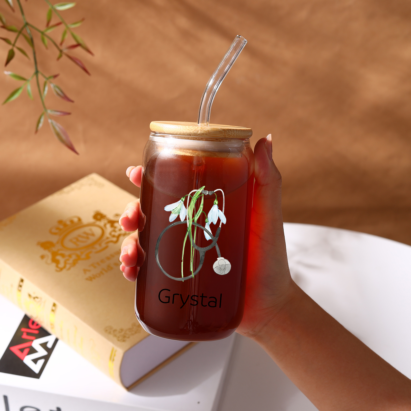 Tasse en Verre avec Paille Prénom Personnalisé avec Fleur de Naissance Cadeau de remise des Diplômes