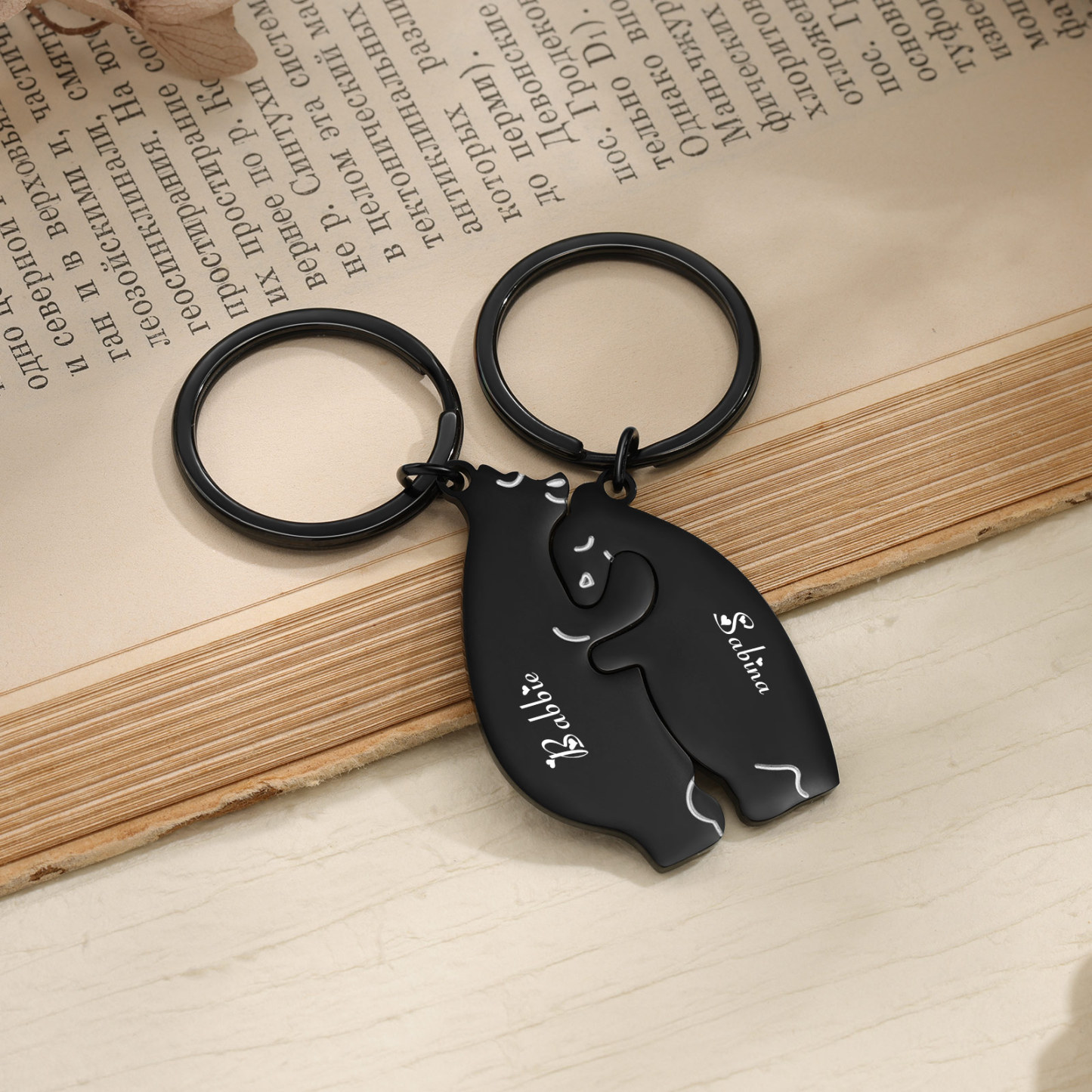 2PCS Porte-Clés Ours Couple 2 Prénoms Personnalisés