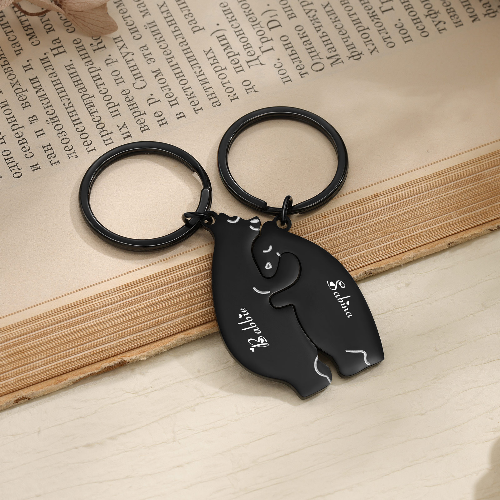 2PCS Porte-Clés Ours Couple 2 Prénoms Personnalisés