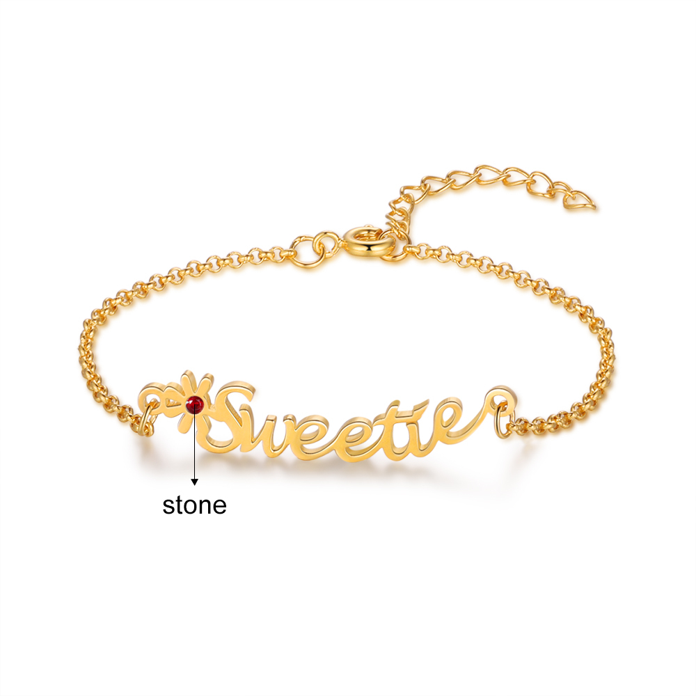 Bracelet Enfant Fleur 1 Prénom Personnalisé avec 1 Pierre de Naissance