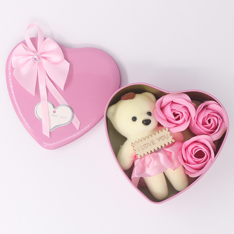 Boîte Cœur mini Ours Fleurs de savon Roses Cadeau Décoration | Jessemade