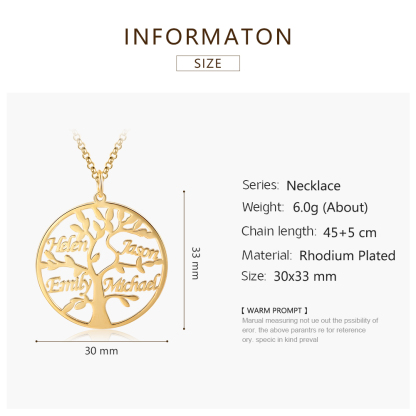 Collier Argent Arbre de vie Arbre généalogique 4 prenoms