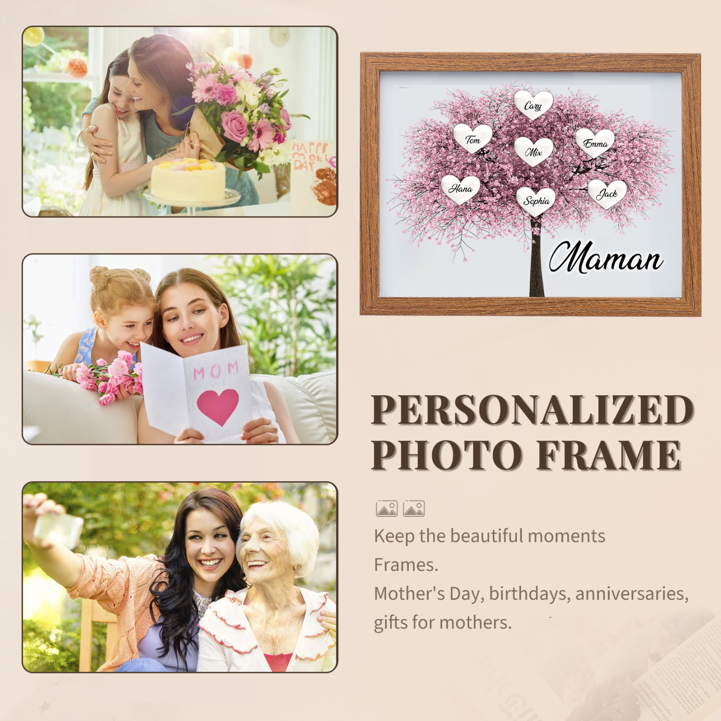 Cadre Photo LED Arbre de Vie 7 Prénoms et 1 Texte Personnalisé Décoration Famille