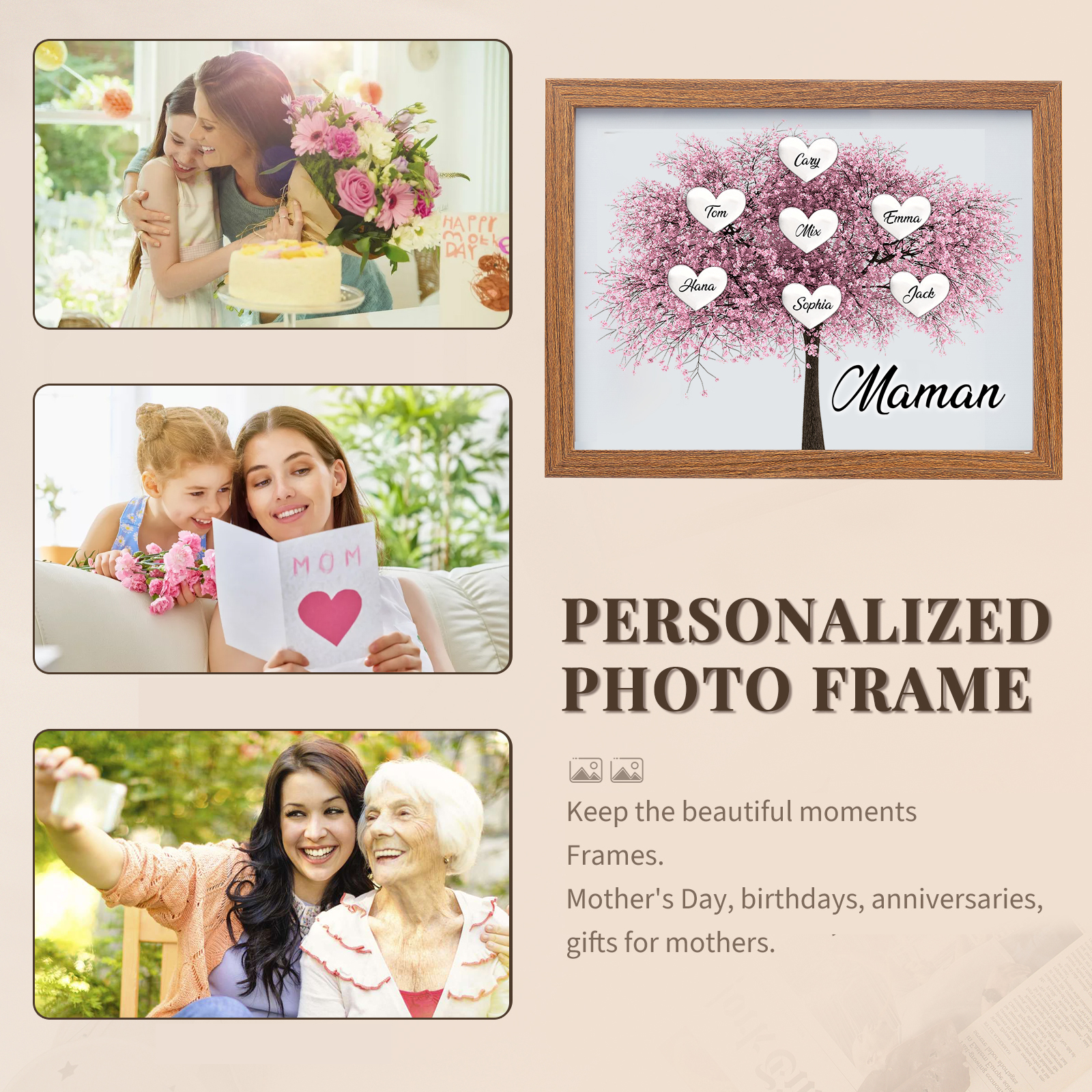 Cadre Photo LED Arbre de Vie 7 Prénoms et 1 Texte Personnalisé Décoration Famille