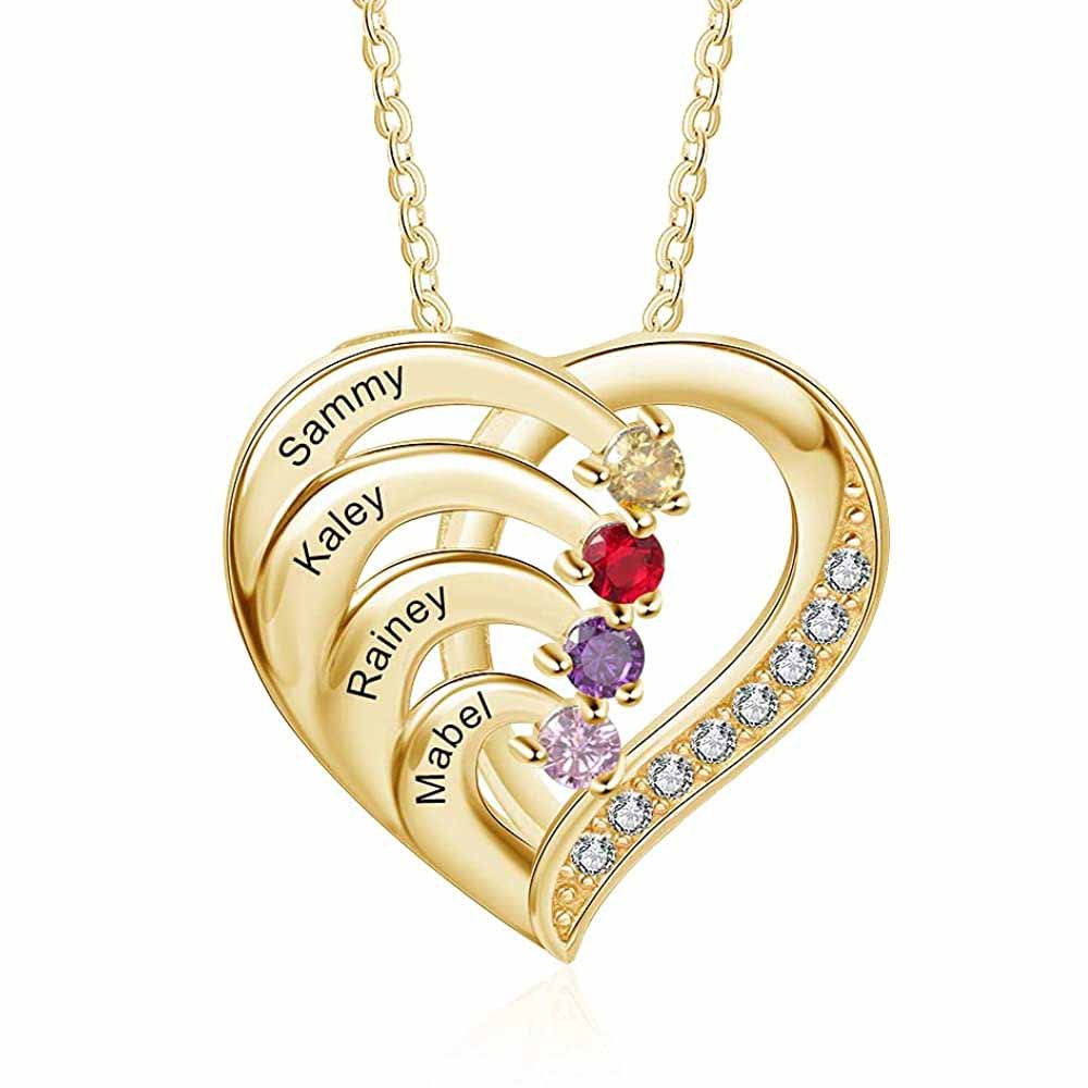 Collier Prénom Personnalis cœur en Argent 925 4 Prénoms 4 pierre de naissance