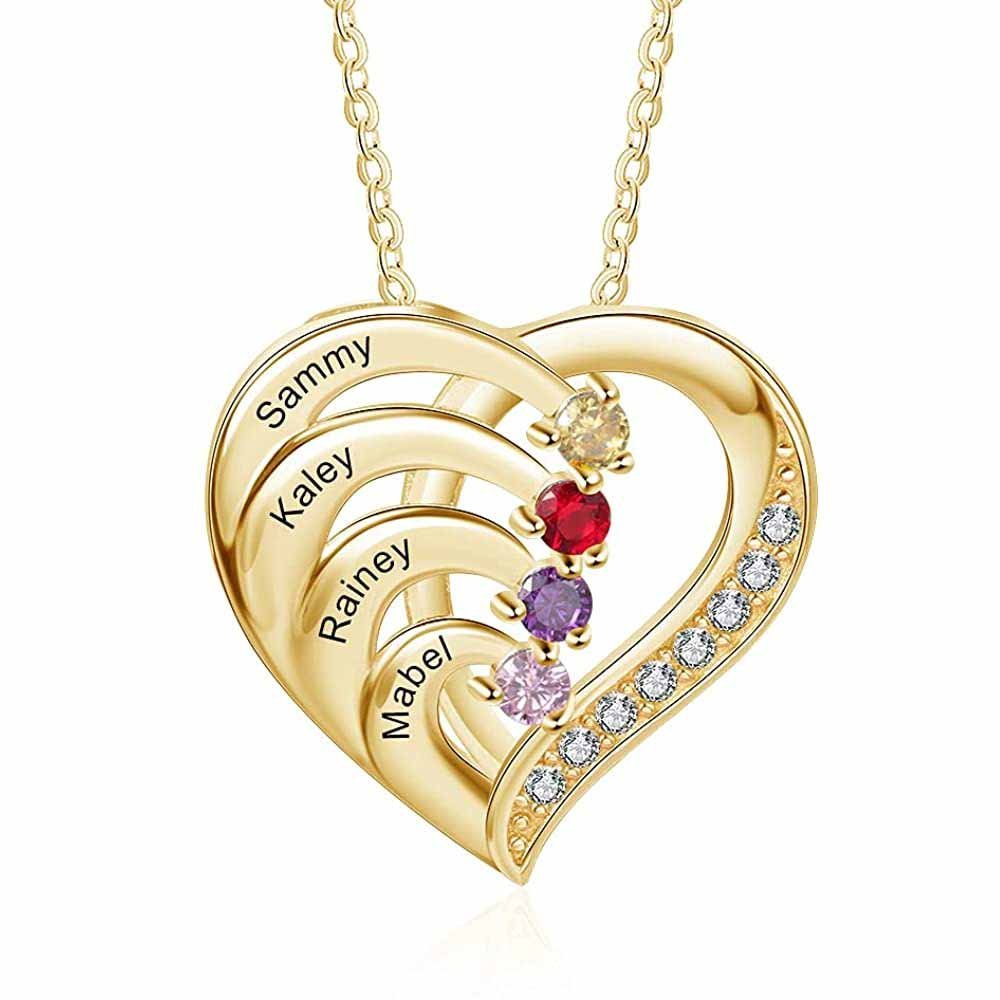 Collier Prénom Personnalis cœur en Argent 925 4 Prénoms 4 pierre de naissance