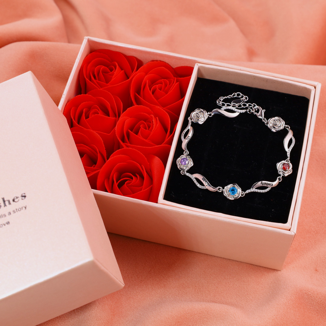 Jessemade FR Bracelet Roses 3 Prénom Personnalisé avec 3 Pierre de Naissance
