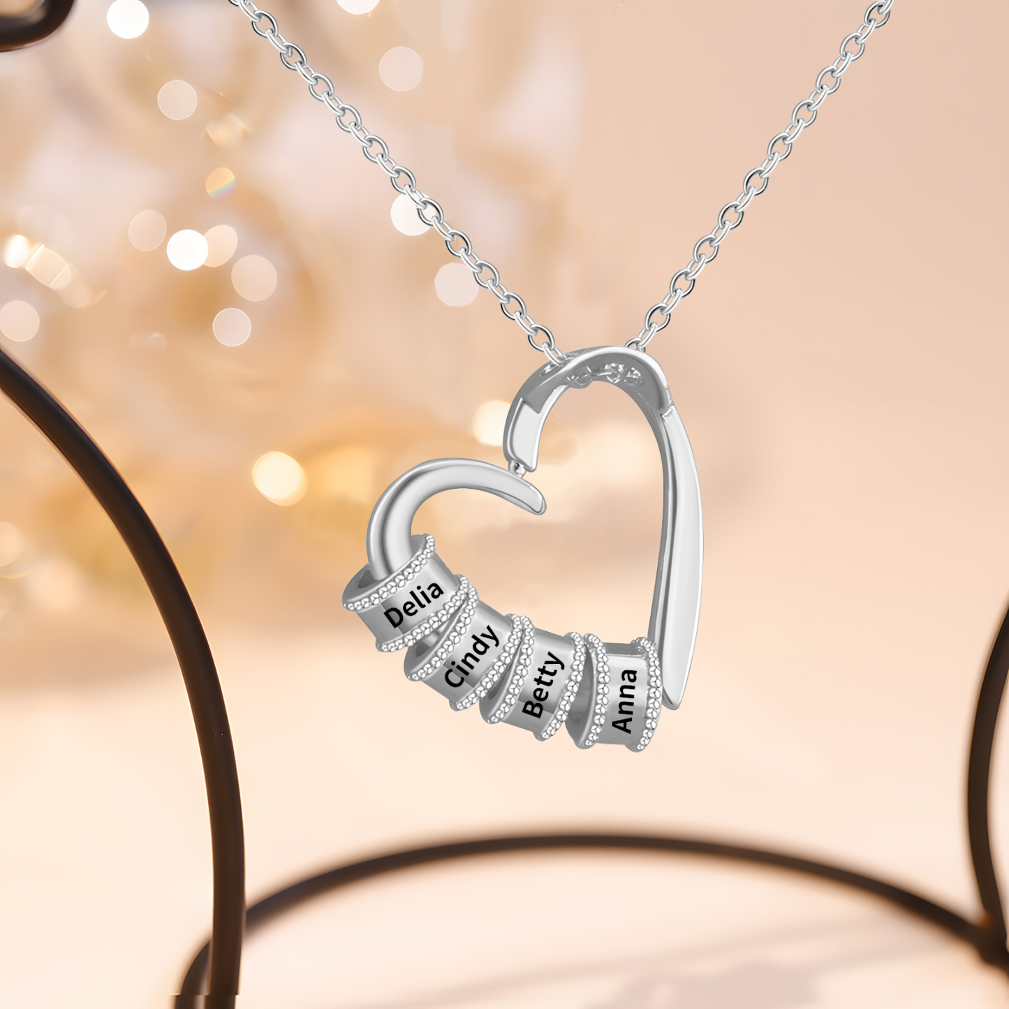 Collier Pendentif Cœur 4 Prénoms et Perles Personnalisés Collier Femmes