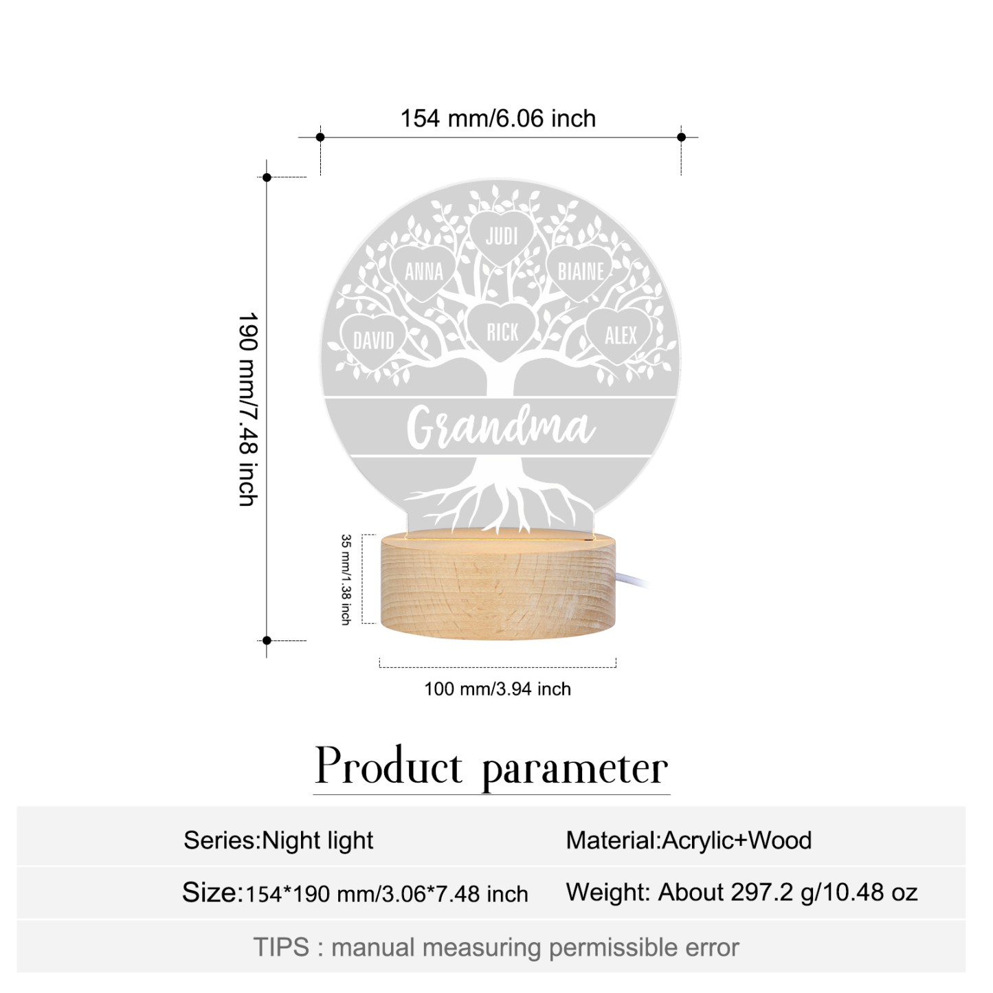 À ma Mamie/Maman - Lampe de chevet Arbre de vie LED Lumières 7 Prénoms Personnalisés pour Famille