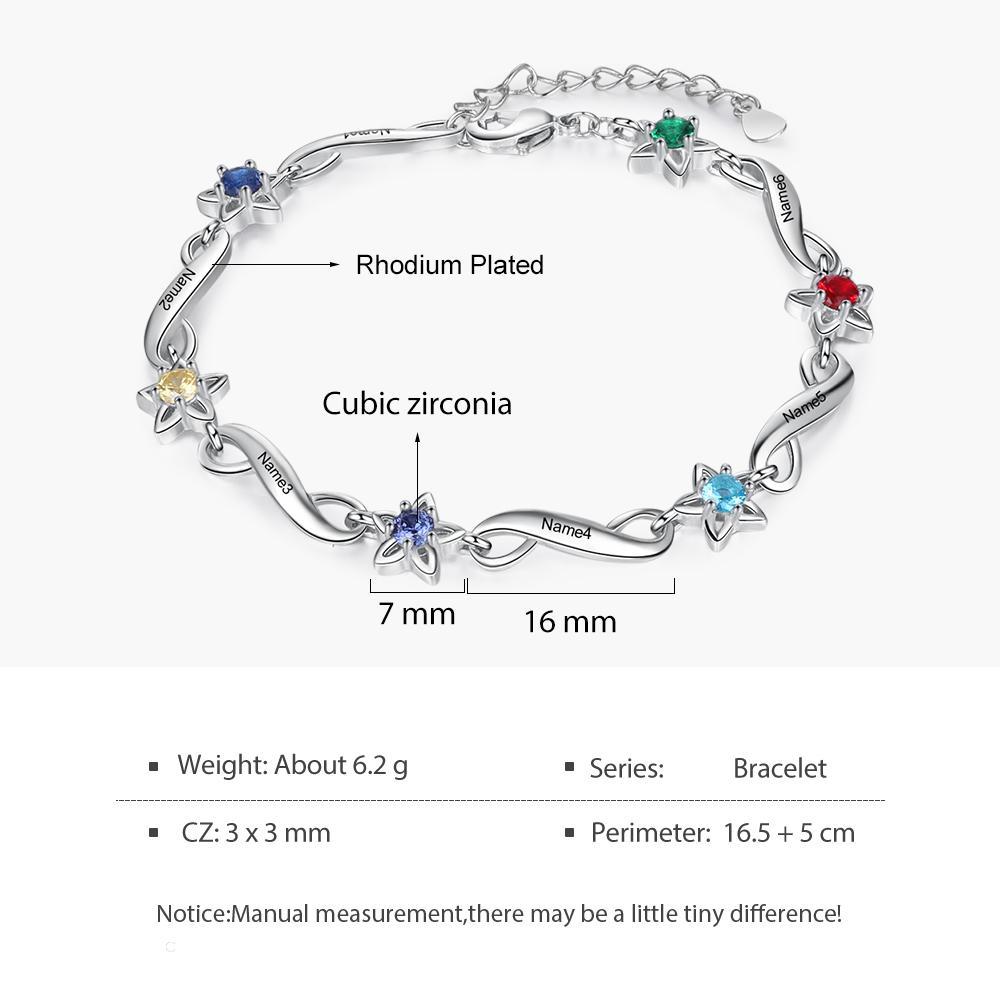 Bracelet infini à Breloque 6 Prénom Personnalisé avec 6 Pierre de Naissance