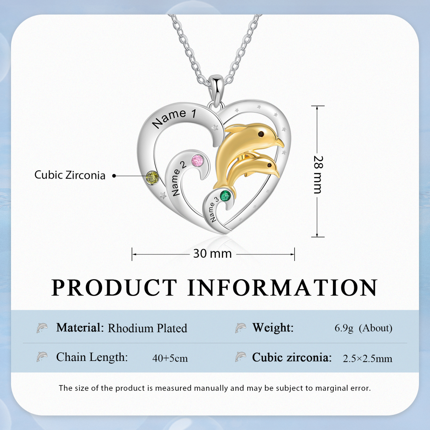 Collier Coeur et Dauphin Pendentif 3 Prénoms Personnalisés avec 3 Pierres de Naissance|Jessemade