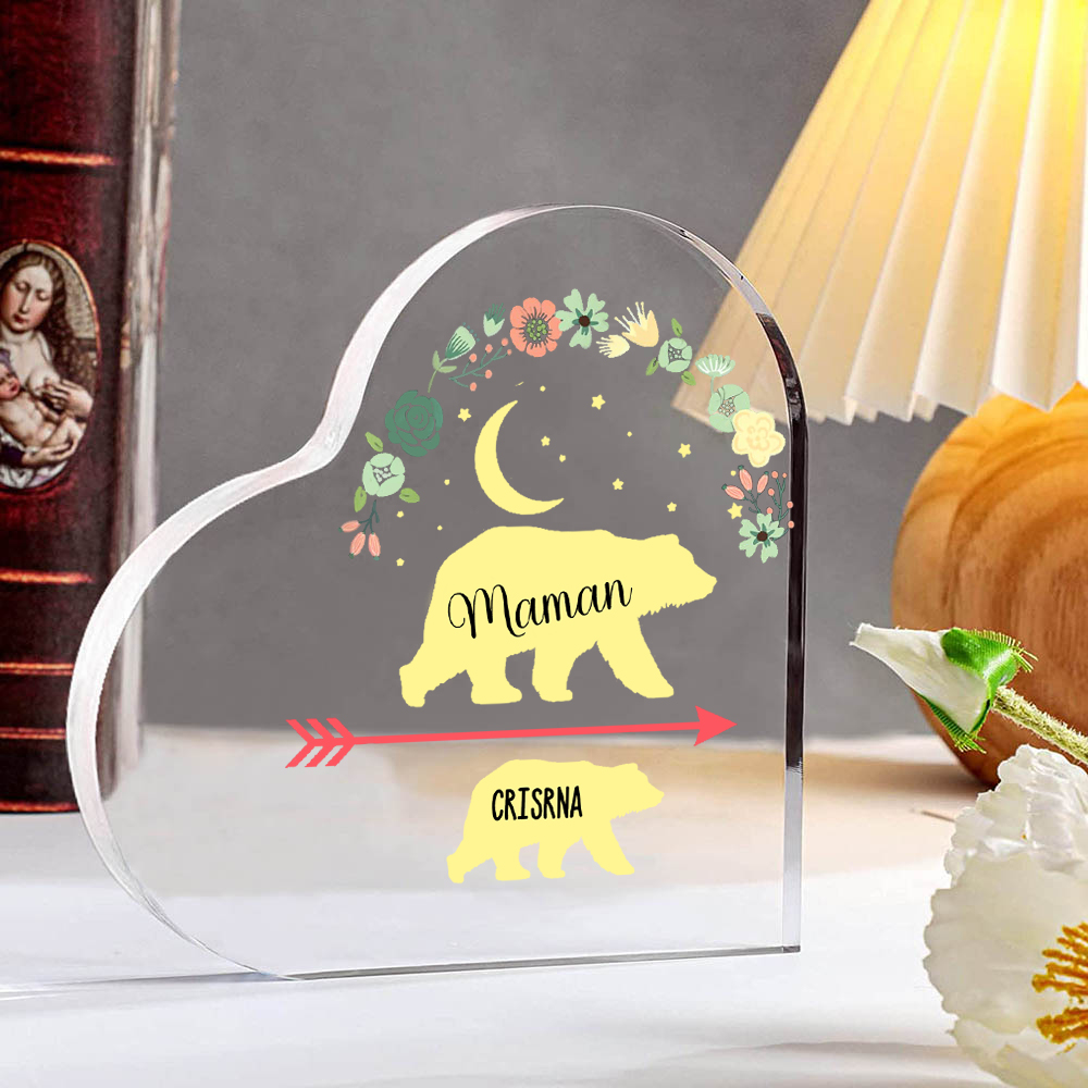 À ma Maman - Plaque Acrylique en Forme de Cœur Ours 1 Prénom Personnalisé