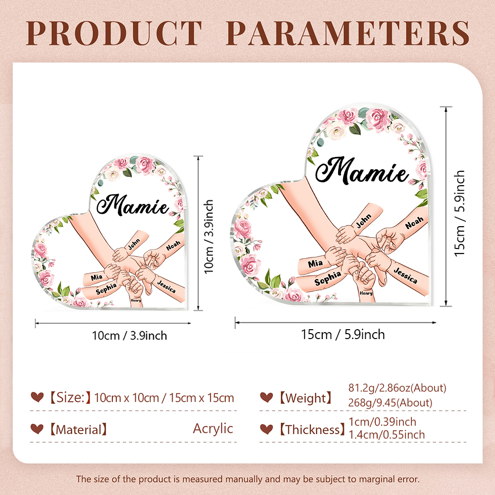 Plaque Acrylique en Forme de Cœur La Main Dans La Main 6 Prénoms Personnalisés avec Texte