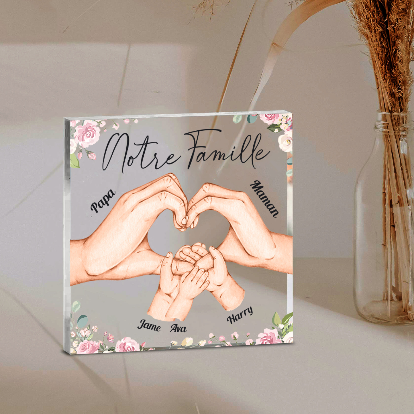 À ma Famille - Plaque Acrylique Carrée la Main dans la Main 5 Prénoms Personnalisés avec Texte
