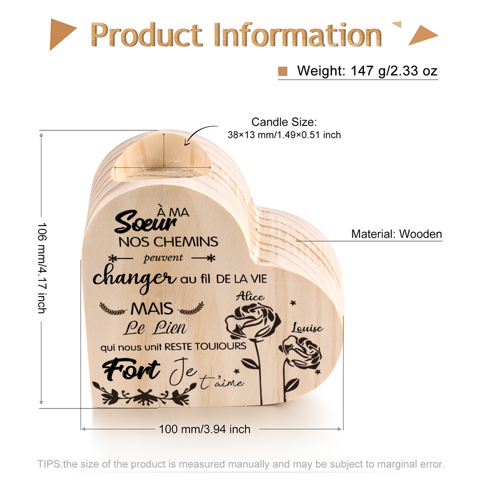 À Ma Sœur - Bougeoir en Bois 2 Prénoms Personnalisés sans bougie