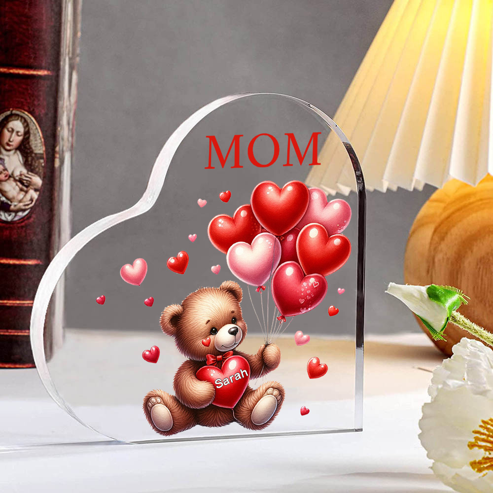 À ma Maman/Mamie - Plaque Acrylique en Forme de Cœur Ours 1 Prénom Personnalisé avec 1 Texte