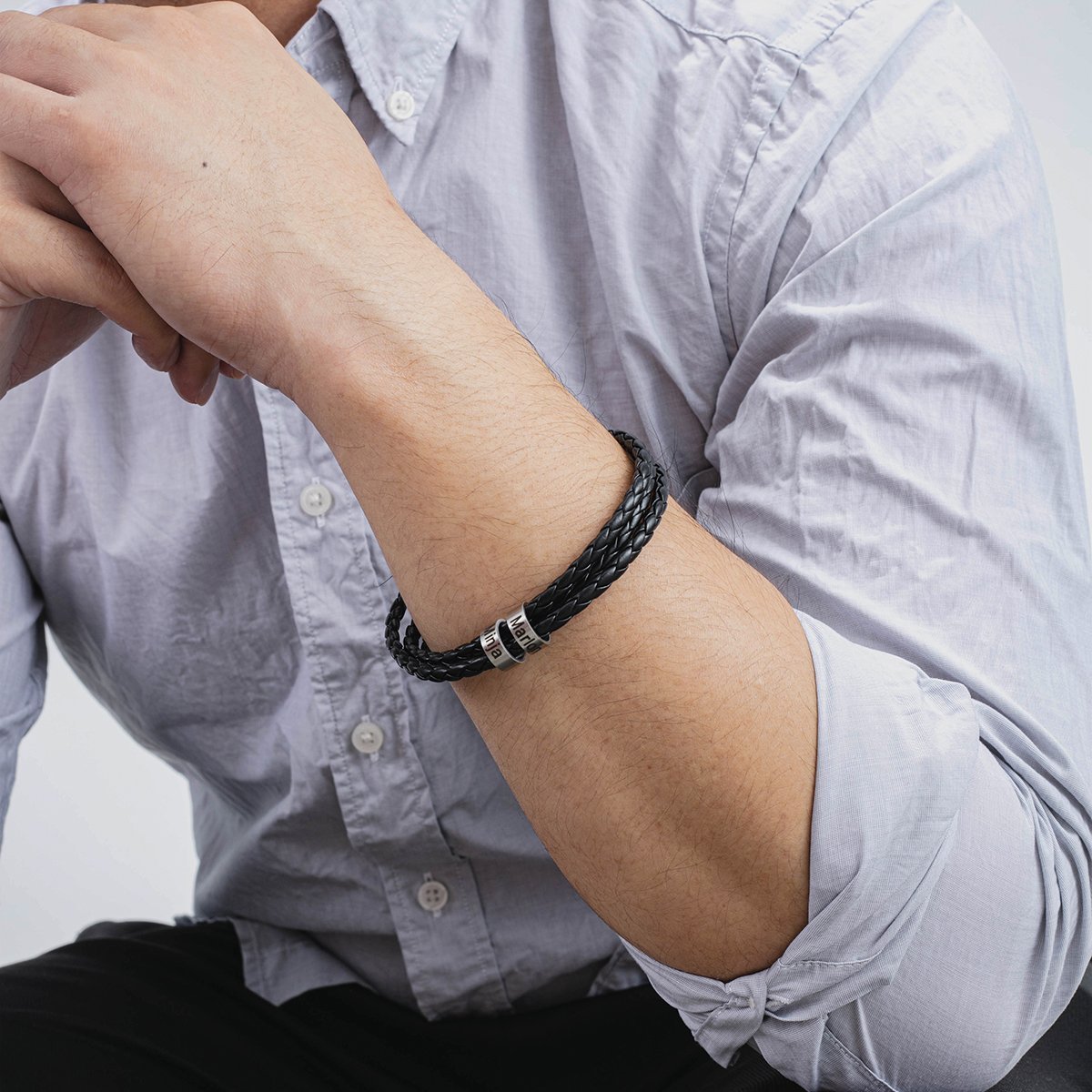 Bracelet Cuir tressé Prénom Personnalisé Bracelet Homme Avec 2 Perles