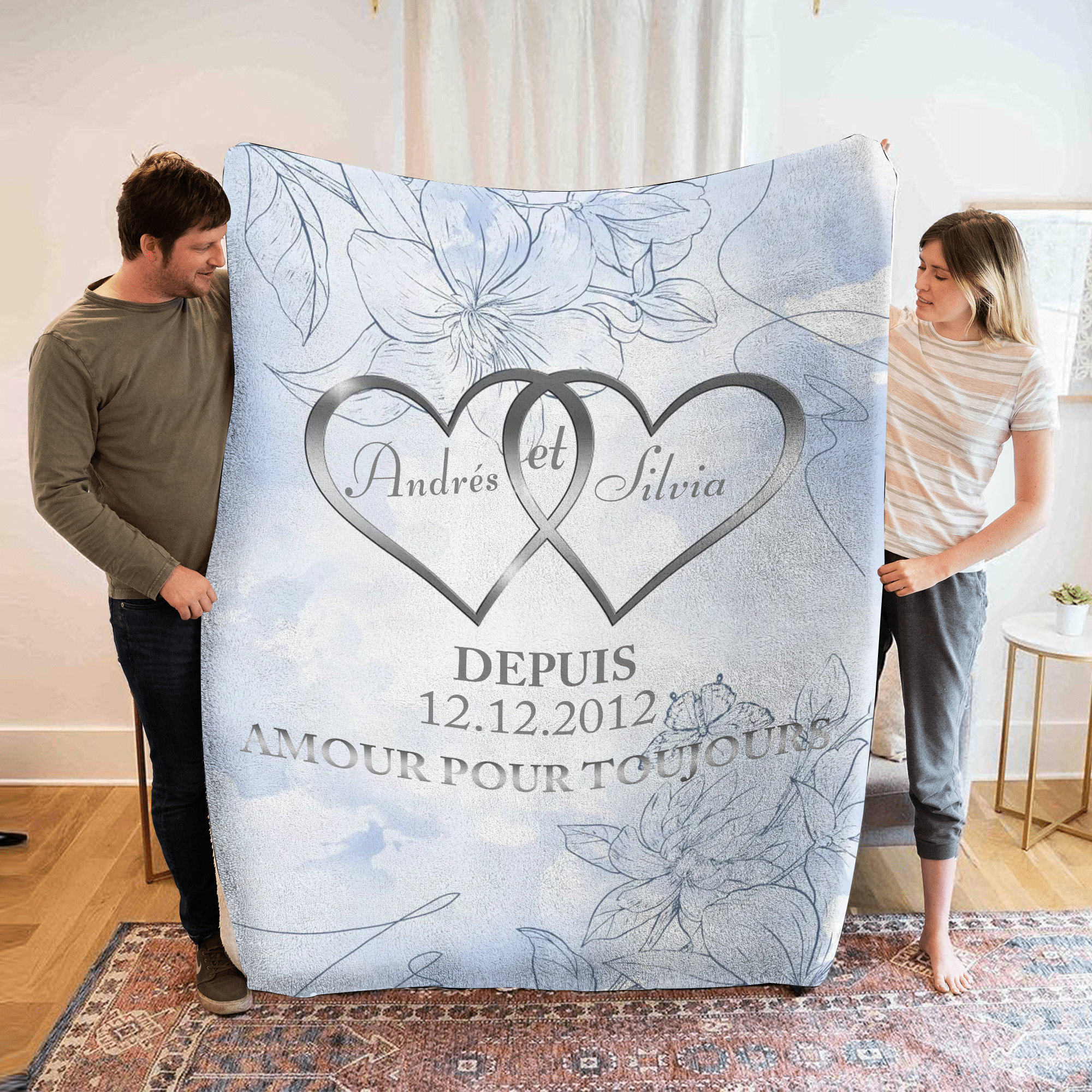 Couverture Plaids Polaire 2 Prénoms Personnalisés avec Date et Texte p