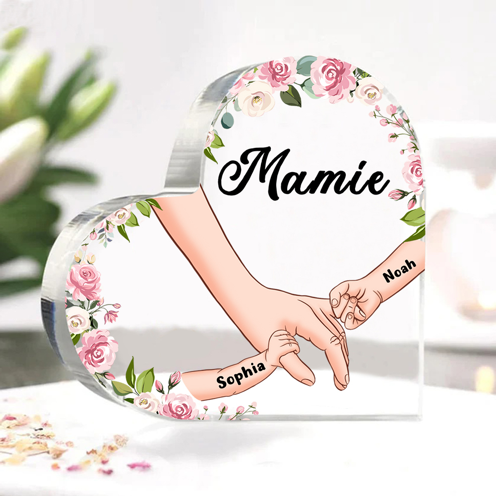 À Ma Nounou - Plaque Acrylique en Forme de Cœur La Main Dans La Main 2 Prénoms Personnalisés avec Texte