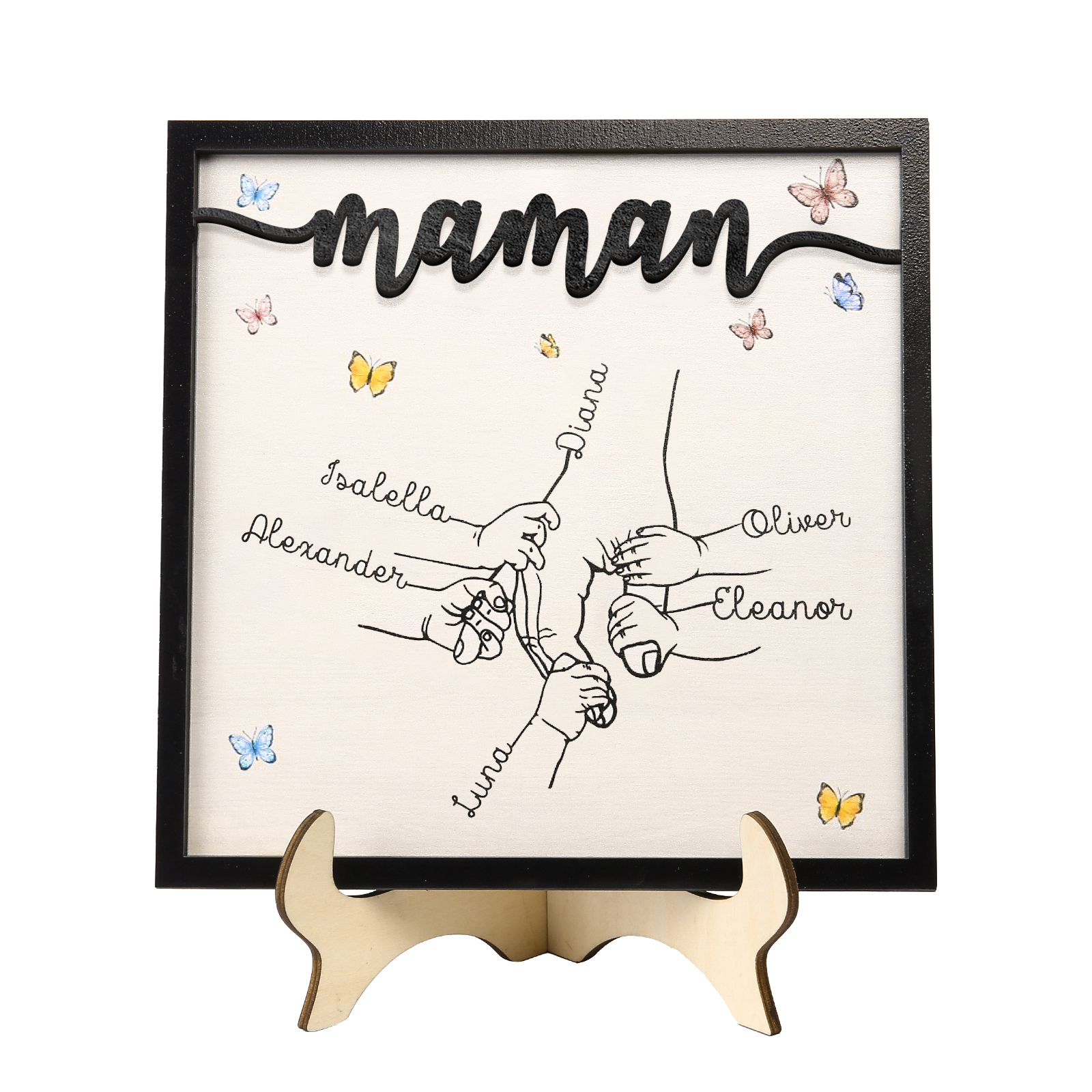À ma Maman - Décoration en bois la Main dans la Main 6 Prénoms Personnalisés Ornement Famille