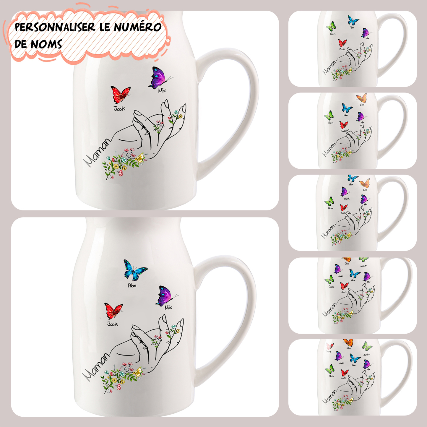 Vase à Fleurs Mains et Papillons 6 Prénoms Personnalisés avec Texte Décoration de la Maison