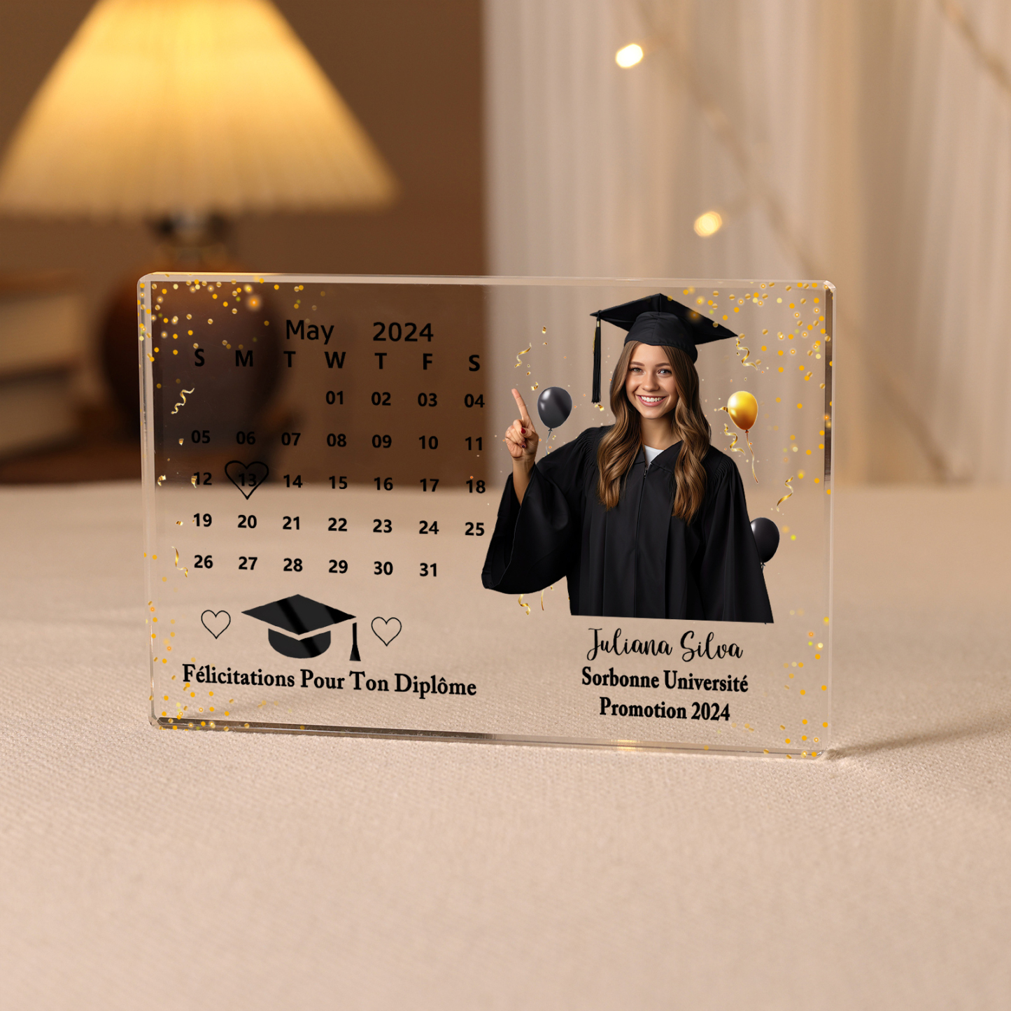 Plaque Acrylique Rectangle Diplômés Prénom et Photo Personnalisés avec Date et 2 Textes Cadeau de Graduation