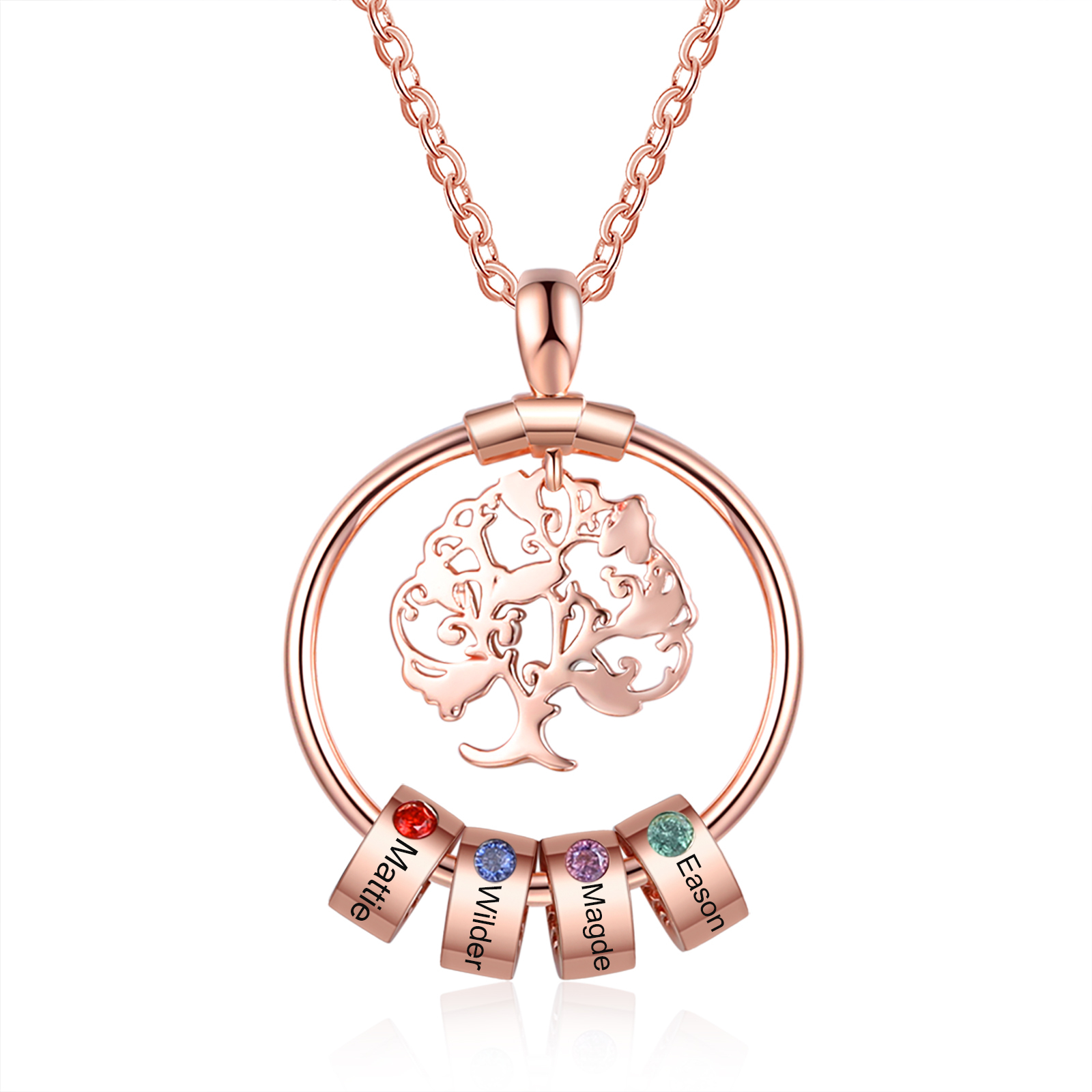 Collier Pendentif Arbre de vie Arbre généalogique 4 Prénoms Personnalisés avec Pierre de Naissance