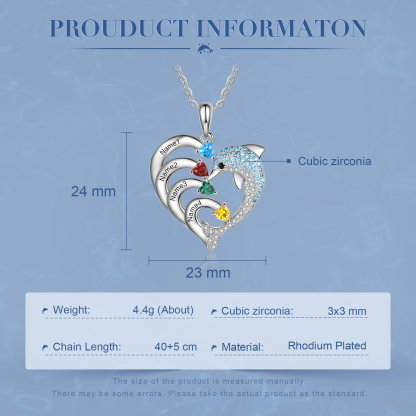 Collier coeur et dauphin 4 Prénoms Personnalisés avec 4 Pierre de Naissance