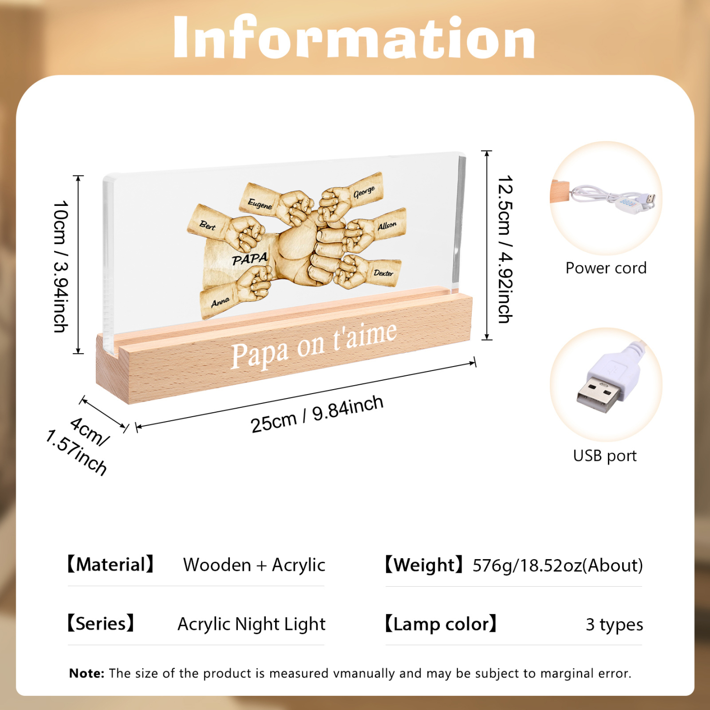 À mon Papa/Papi- Lampe de chevet LED Poings 7 Prénoms Personnalisés avec Texte