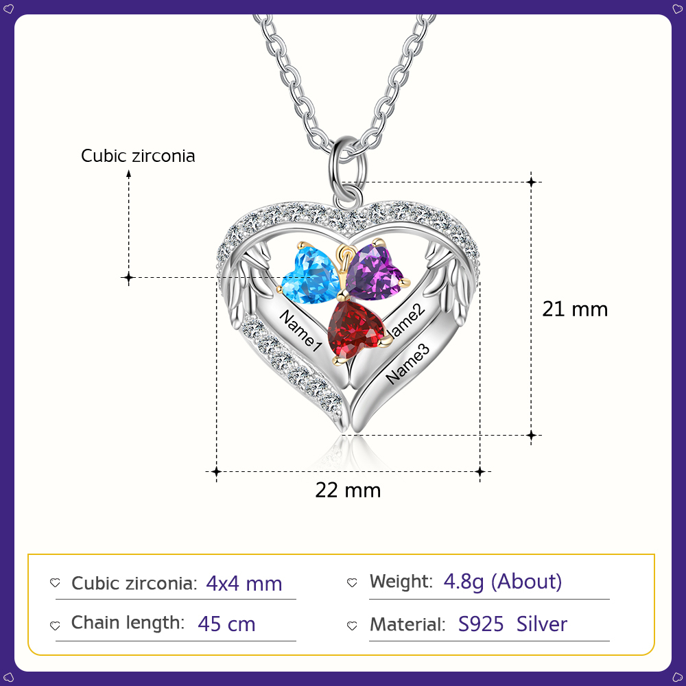 Collier Prénom cœur Argent 925 3 Prénom 3 pierre de naissance