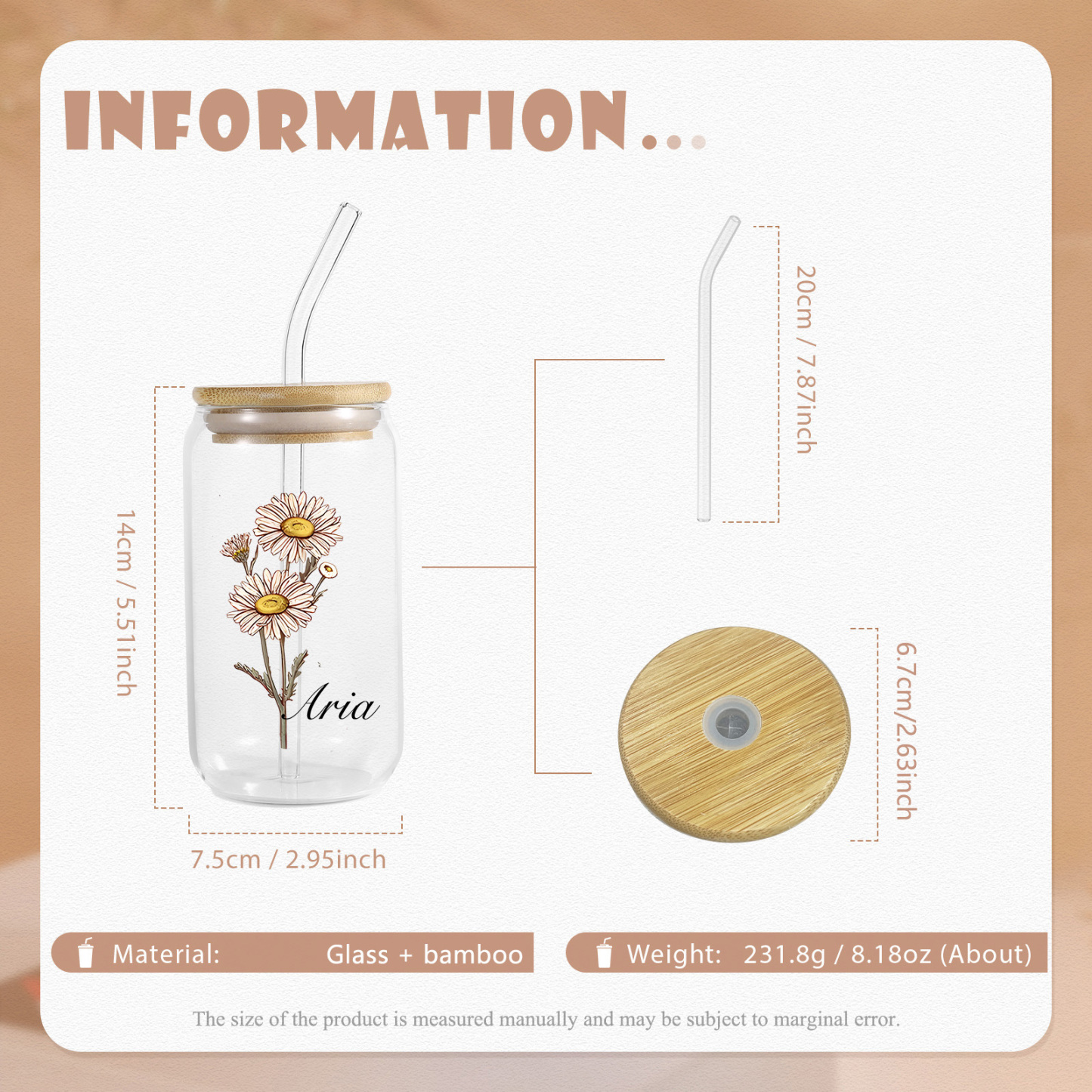 Tasse en Verre avec Paille Prénom Personnalisé avec Fleur de Naissance Cadeau de remise des Diplômes