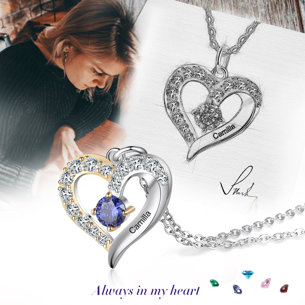 Collier Prénom cœur Argent 925 1 Prénom 1 pierre de naissance