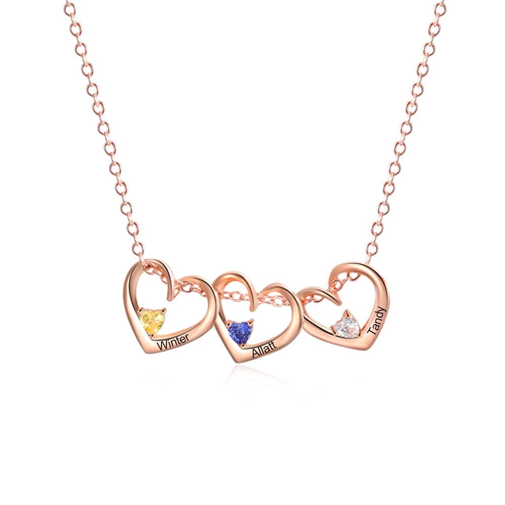 Collier Pendentif Cœur 3 Prénoms Personnalisés avec Pierre de Naissance Collier Femmes
