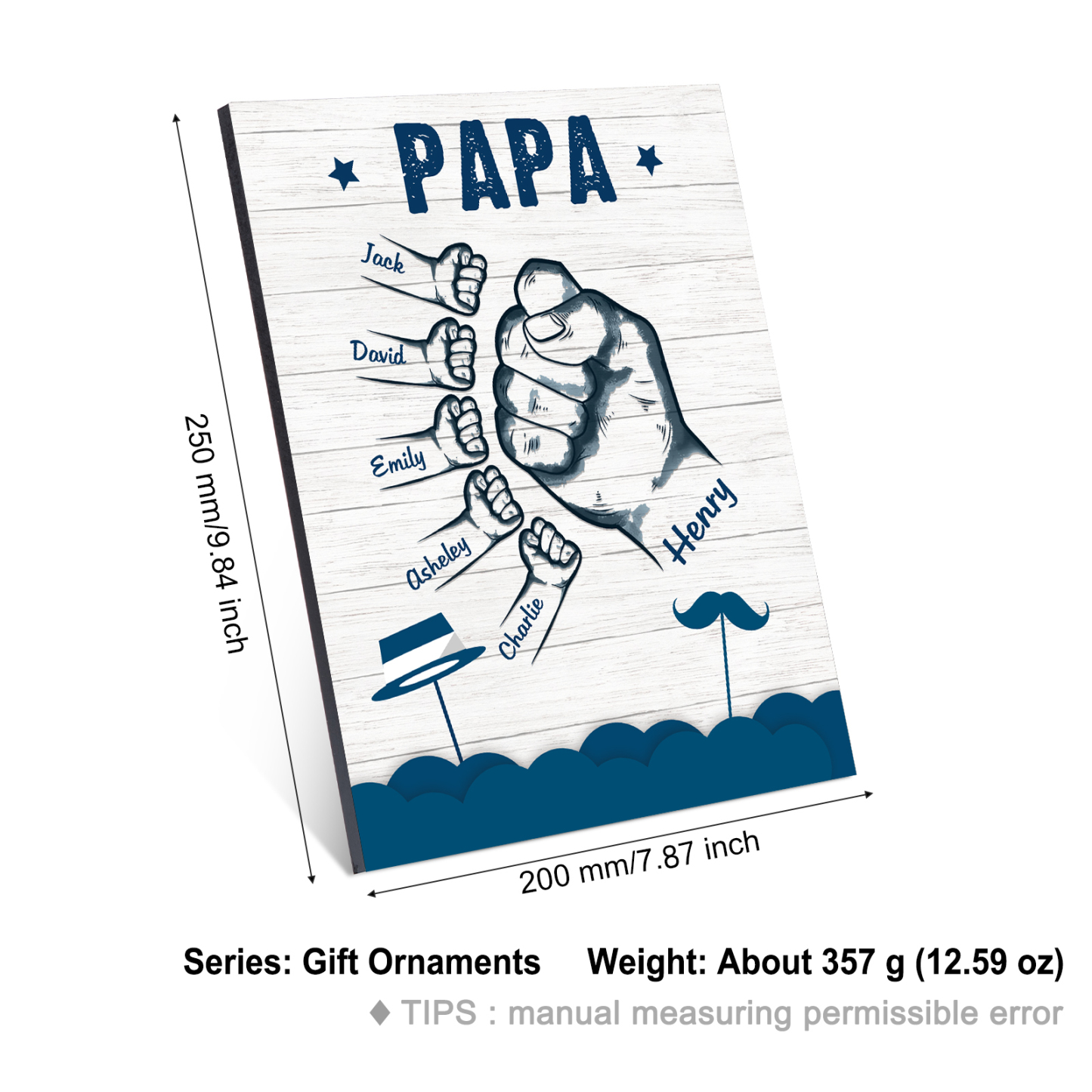 À Mon Papa/Papi-Cadre en Bois Poings 6 Prénoms Personnalisés avec Texte