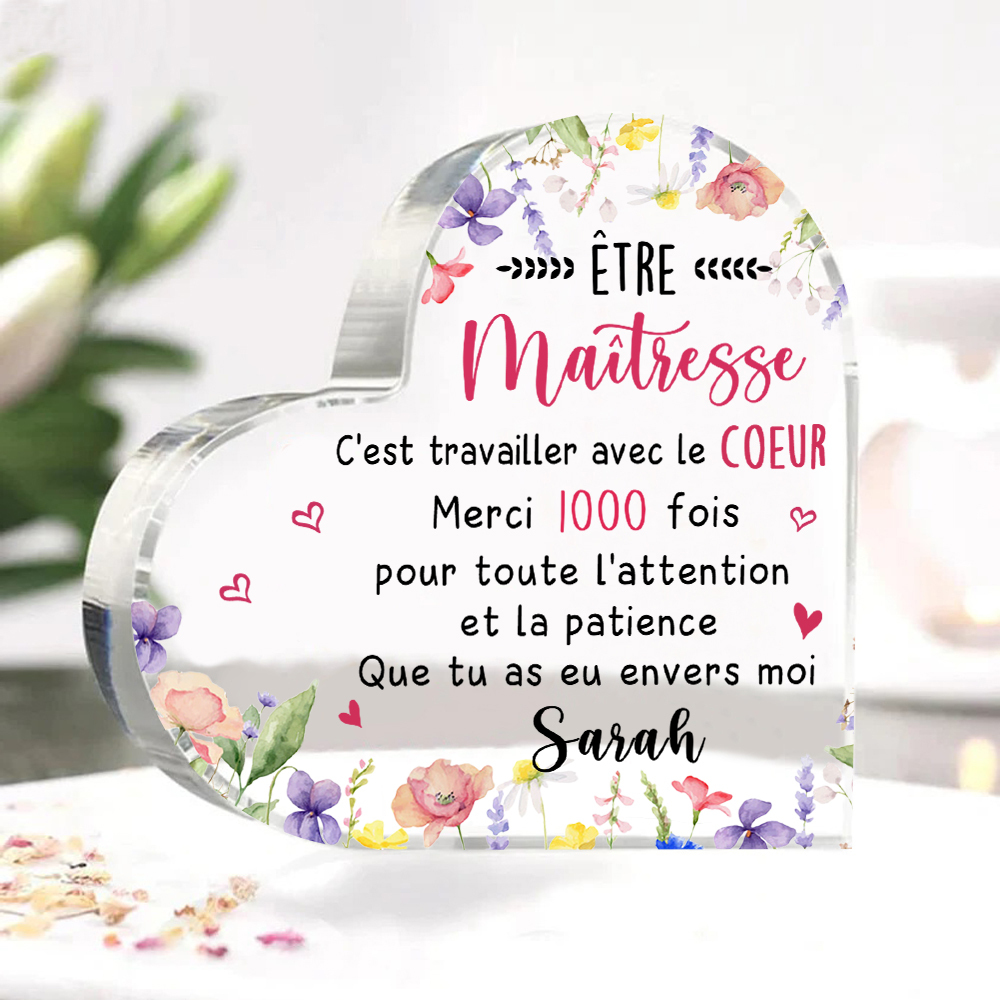 Cœur acrylique personnalisable avec prénom pour maîtresse, cadeau remerciement | Jessemade