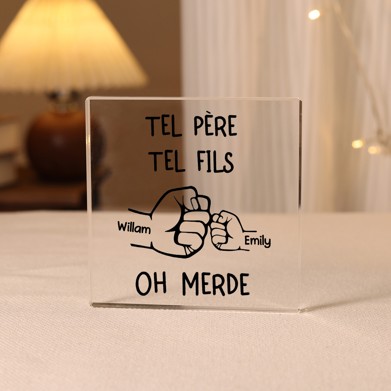 Plaque Acrylique Carrée 2 Prénoms Personnalisés Poings Père et Fils