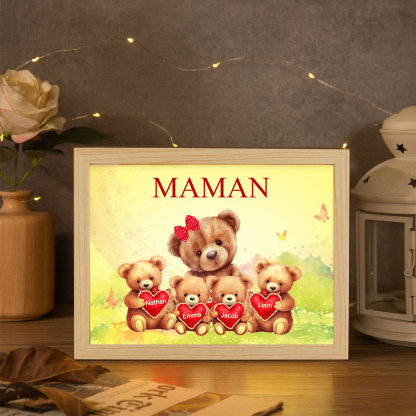 Cadre Photo LED Ours 4 Prénoms Personnalisés avec 1 Texte Décoration Famille