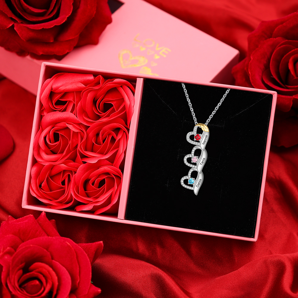 Collier cœur et aile 3 Prénoms Personnalisés avec pierre de naissance