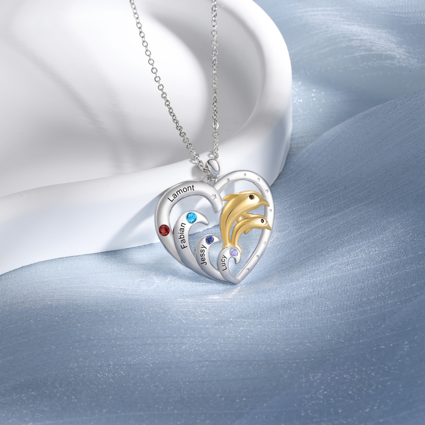 Collier Pendentif Cœur et Dauphin 4 Prénoms Personnalisés avec 4 Pierres de Naissance