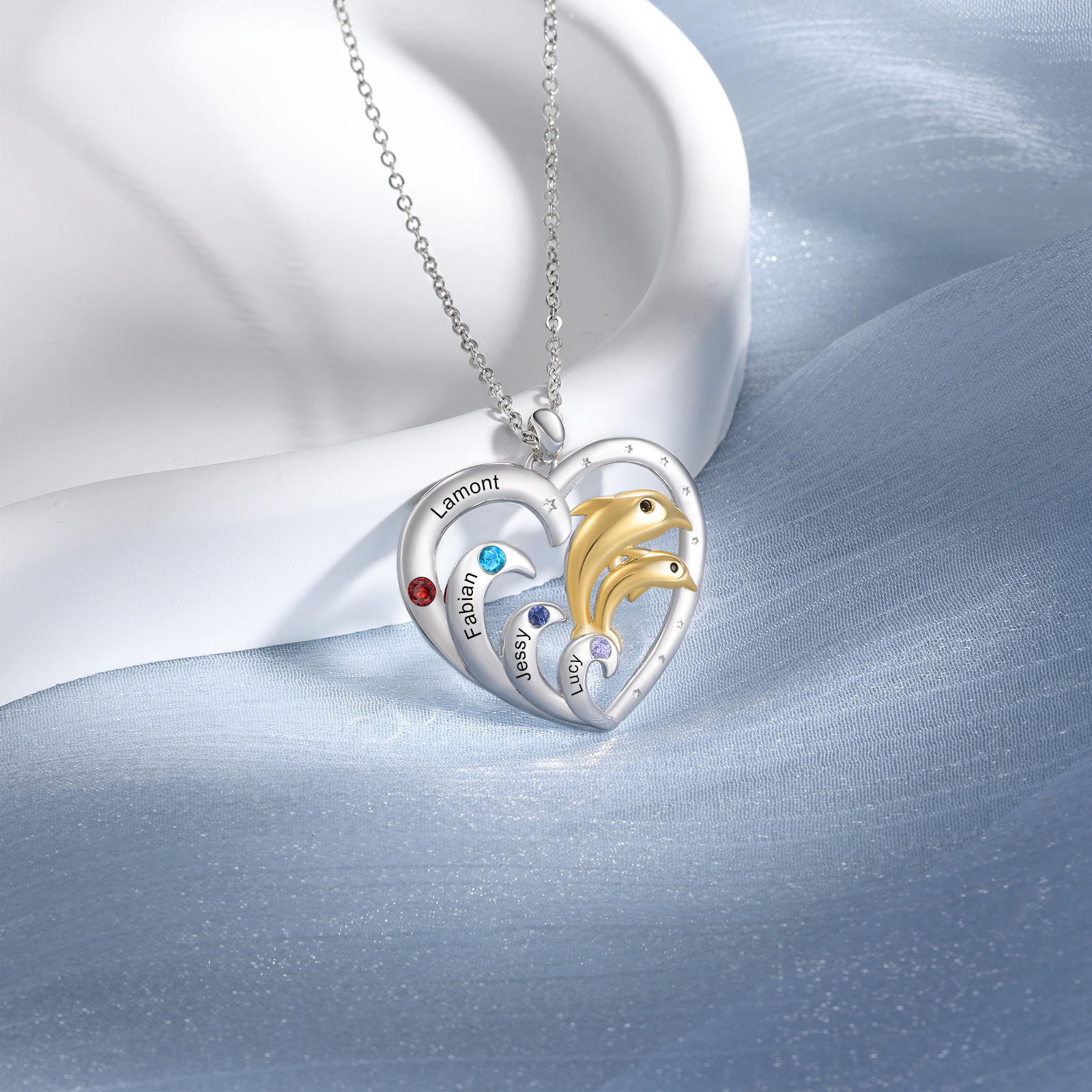 Collier Pendentif Cœur et Dauphin 4 Prénoms Personnalisés avec 4 Pierres de Naissance