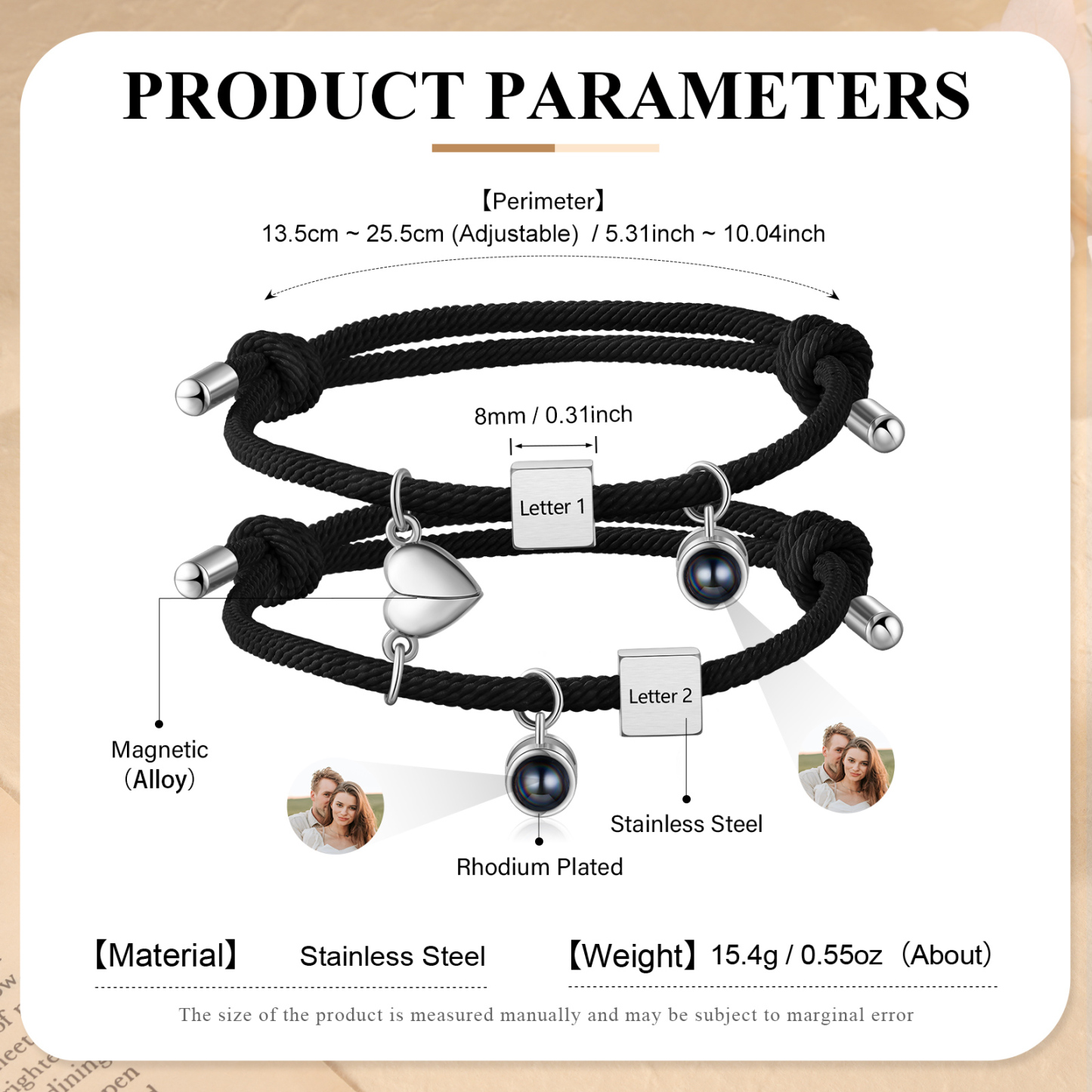 2PCS Bracelets Projection de Pierres 2 Lettres et 1 Photo Personnalisés Bracelets magnétiques pour Couple